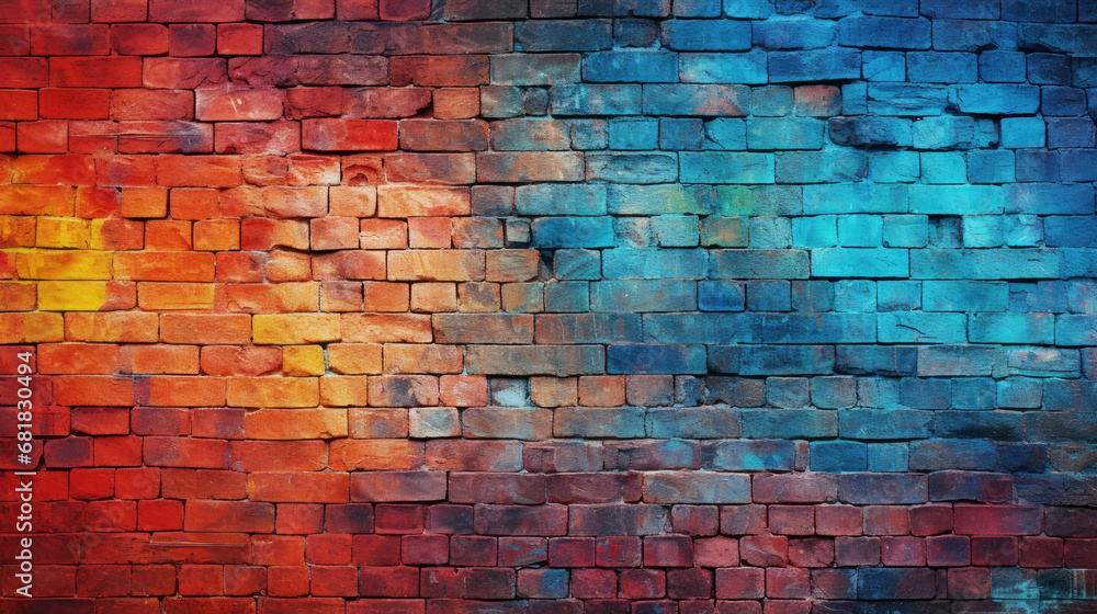 Brick wall background, bright bold colorful grunge texture or pattern for design. Generative ai