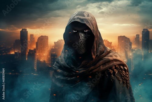 Agile Hooded warrior man. Arab city weapon. Generate Ai