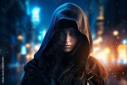 Determined Hooded warrior woman. Face knight female. Generate Ai
