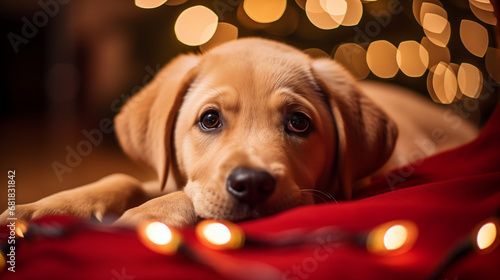 Cute close-up of a Labrador puppy portrait surounded by festive fairy lights at christmas photo