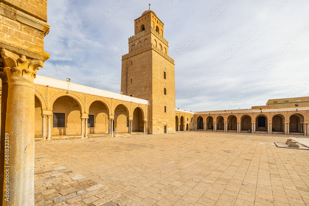 Courtyard and minaret of the Great Mosque of Kairouan.