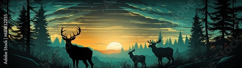 Tranquil Sunset Scene in Forest with Deer Family