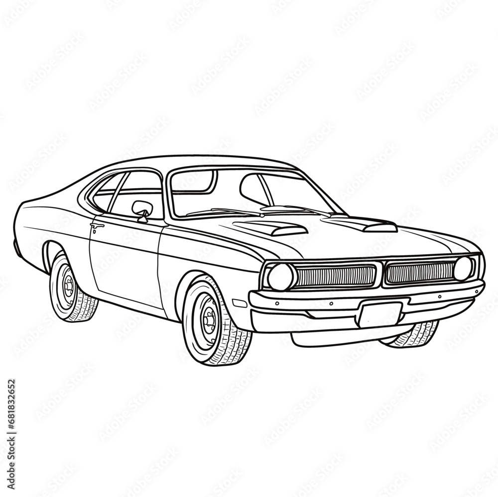 Classic custom muscle car racing in retro style vector illustration, Hand-Drawn Outline Design, Isolated on White Background