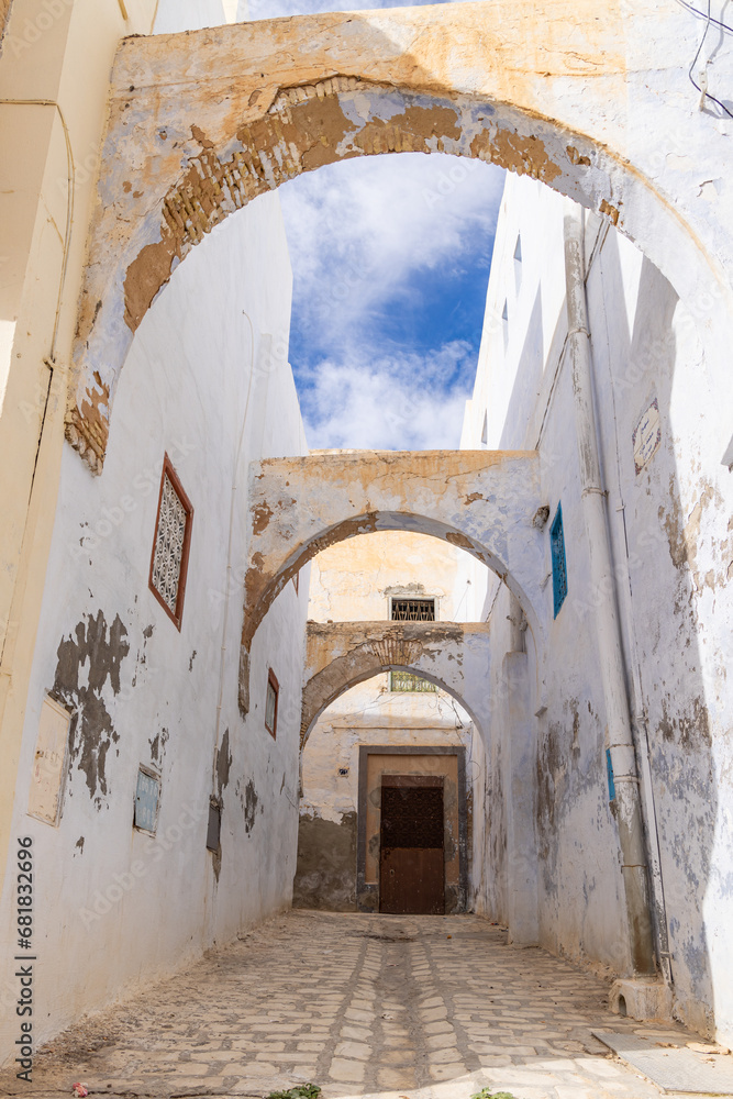 Arches over an alley in the city of Kairouan.