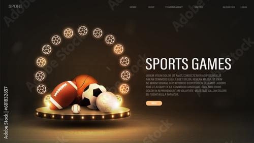 A web banner for sports betting with balls for basketball, baseball, soccer, soccer and volleyball on the podium with a neon frame in gold color.