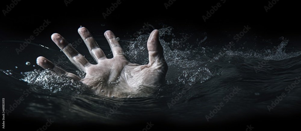 Single human hand drowning in water need help. AI generated image - obrazy, fototapety, plakaty 