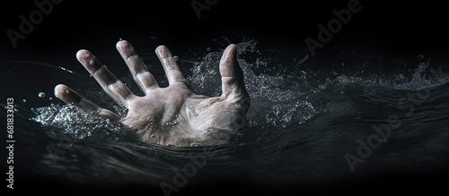 Single human hand drowning in water need help. AI generated image photo