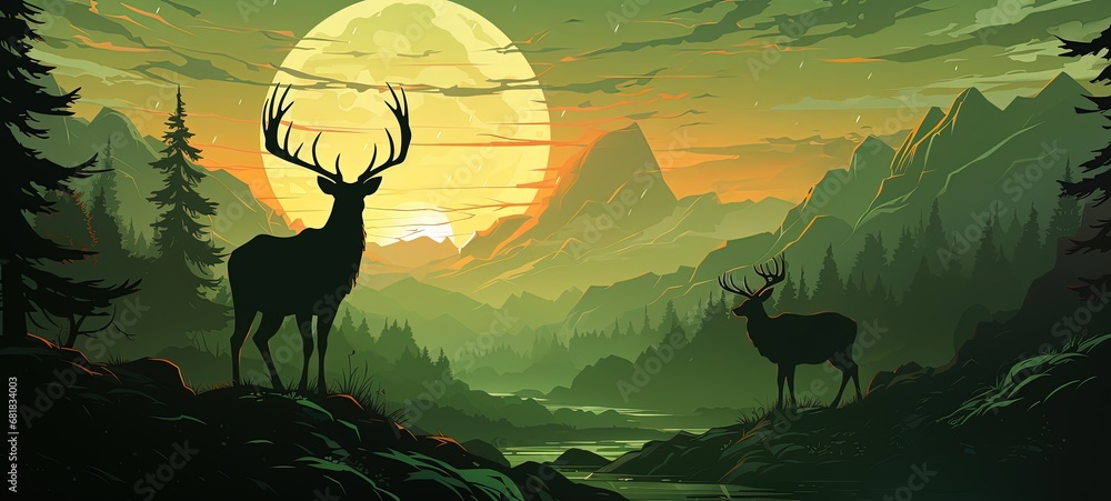 Fototapeta premium Tranquil Deer in Mountainous Green Landscape with Full Moon