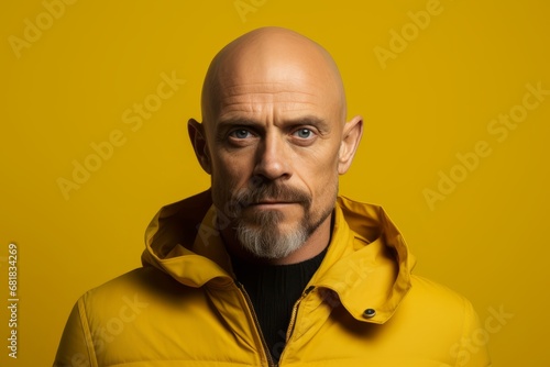 Portrait of a bald man with a beard in a yellow jacket on a yellow background