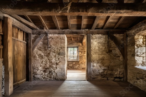 Rustic Charm  A Glimpse Inside an Ancient Stone Building with a Weathered Wooden Wall