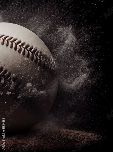Baseball Covered in Dust Flying Out of the Dirt on a Baseball Field Generative AI