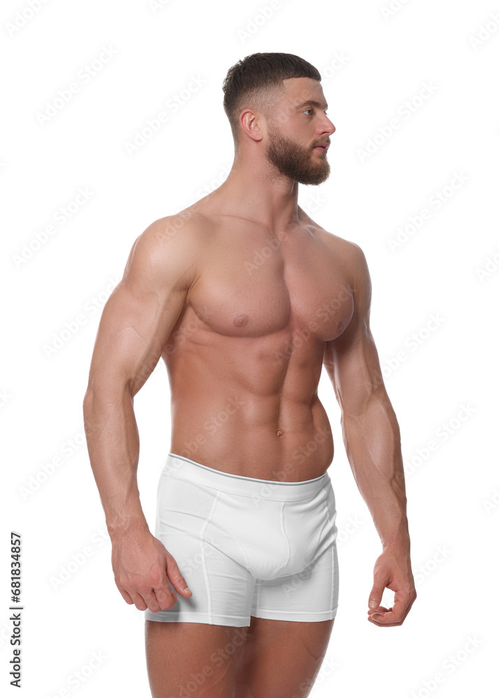Young man is stylish underwear on white background Young man is stylish underwear on white background