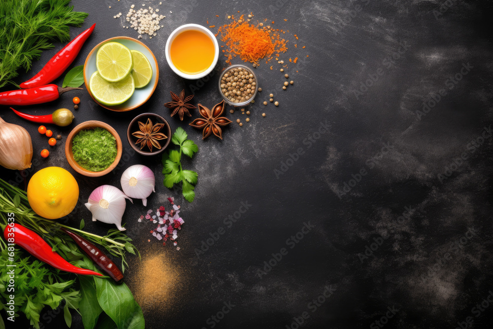 Vegetables and spices on dark background with free space for text, healthy food
