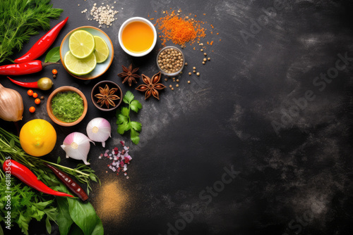 Vegetables and spices on dark background with free space for text, healthy food