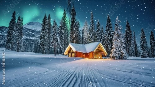 Winter setting log cabin in Christmas snow. High-quality 4k footage, Solitary snowbound half-timbered rustic house decorated for Christmas among snow-covered fir tree forest at snowfall winter night photo