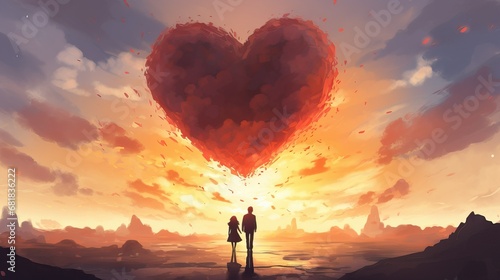 a man and woman standing in front of a heart floating in the sky  watercolor valentines day