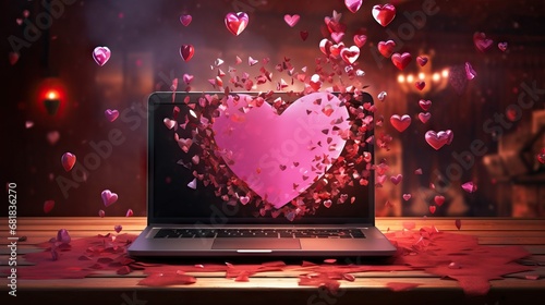 hearts flying out of a laptop computer screen, valentines day on a computer, online dating
