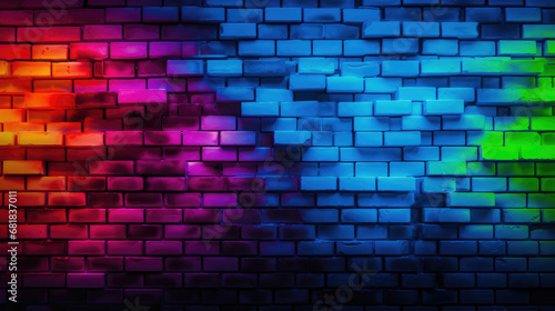 Brick wall background  neon colors lights grunge texture or pattern for design. Generative ai