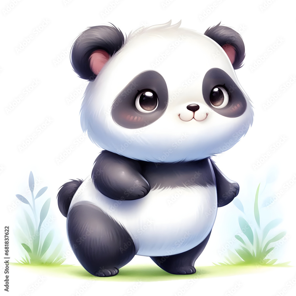 Naklejka premium Cute cartoon panda sitting on the grass. Vector illustration.