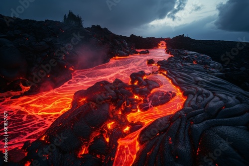 Molten Hot lava flow. Magma crater sky. Generate Ai