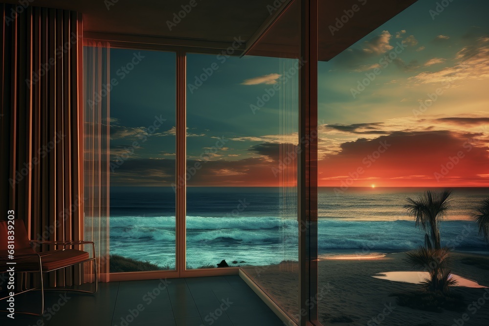 Fototapeta premium Picturesque Hotel room sea sunset. Luxury travel. Generate Ai