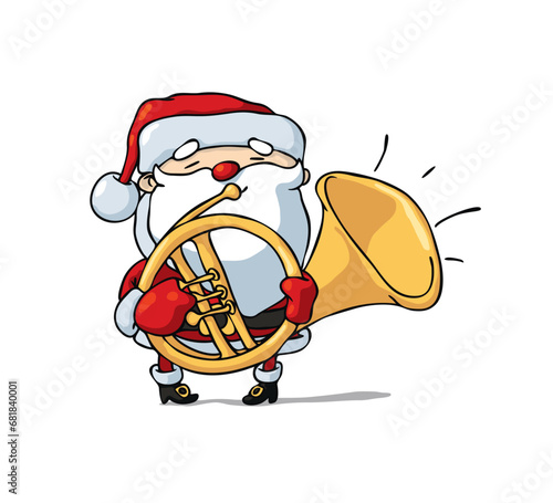 Smiling santa musician playing big french horn with inspiration