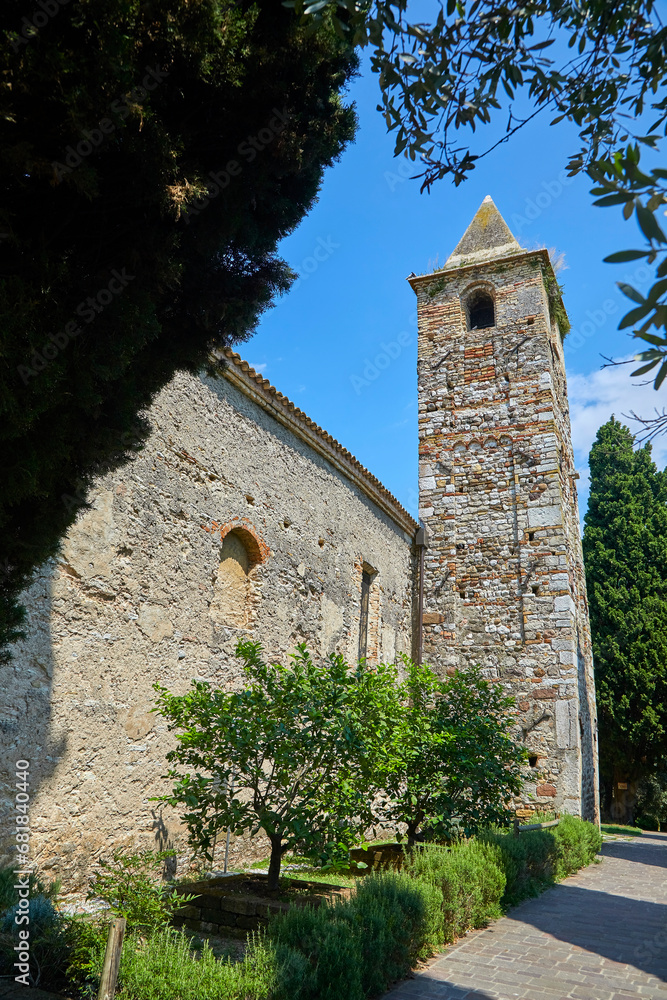 Beautiful view of the Church of San Pietro in Mavino on Lake Garda in Sirmione, Italy
