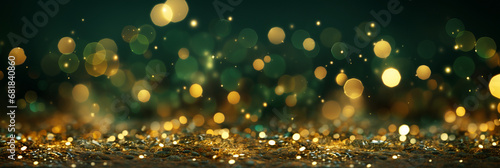 Panoramic background with green gold bokeh effect. Golden abstract lights on dark Holiday illumination and decoration concept