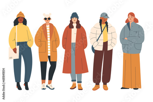 Group of modern women wearing trendy winter clothes. Casual city street fashion outfits. Hand drawn characters colorful vector illustration.