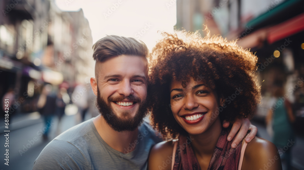 Fototapeta premium Multiracial best friends having fun - Group of young people smiling at camera Friendship concept with guys and girls hanging out on city street