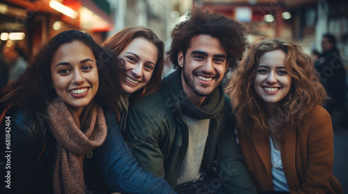 Multiracial best friends having fun - Group of young people smiling at camera Friendship concept with guys and girls hanging out on city street