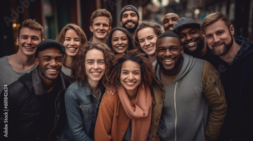 Multiracial best friends having fun - Group of young people smiling at camera Friendship concept with guys and girls hanging out on city street