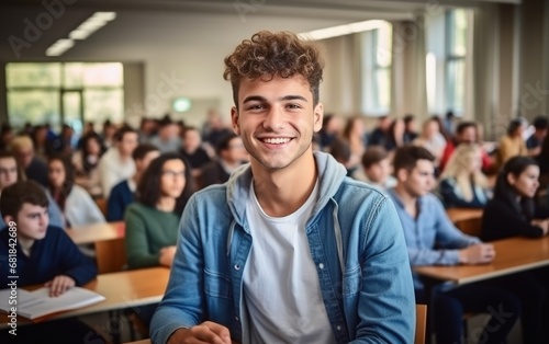 Happy student, university class