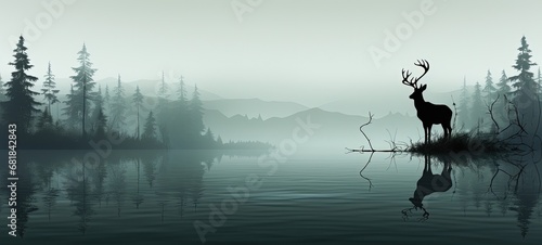 Tranquil Deer Reflection in Misty Landscape
