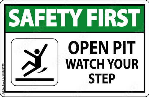 Safety First Sign Open Pit, Watch Your Step