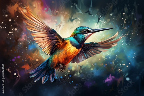 Hummingbird flying. Nature color small. Generate Ai © juliars