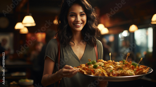 Young Caucasian woman happily serving a dish in a restaurant bar for a gastronomic and culinary experience