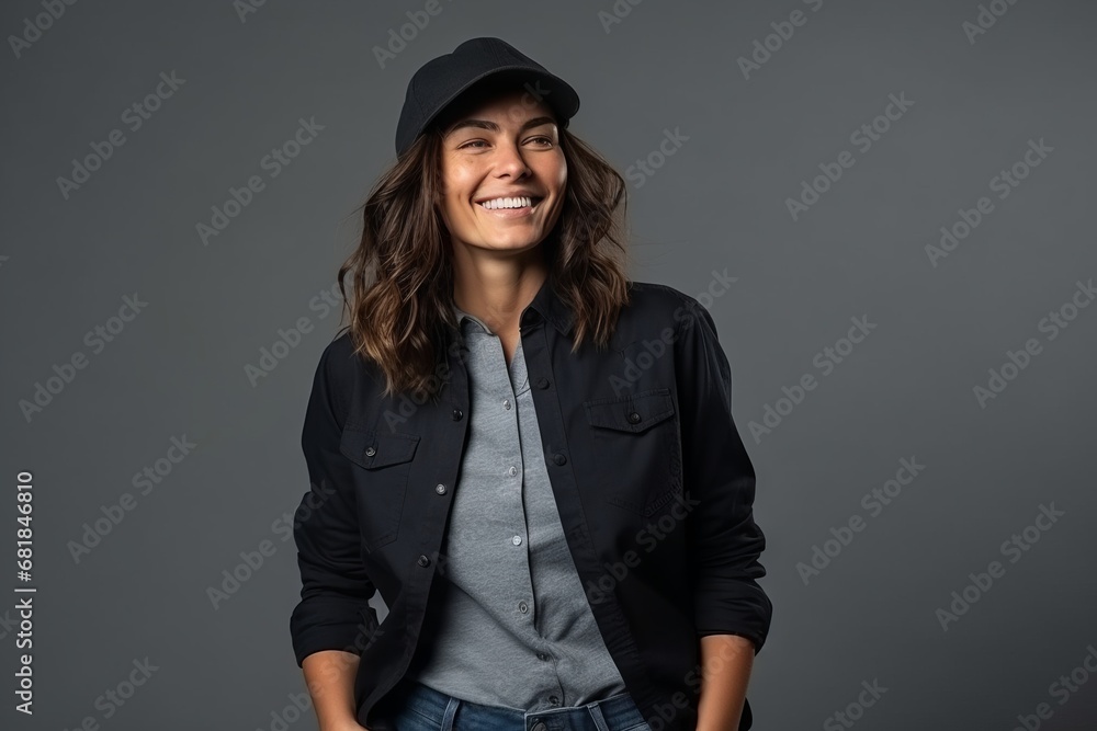 Portrait of a beautiful young woman wearing cap and jacket over grey background Portrait of a beautiful young woman wearing cap and jacket over grey background