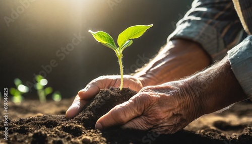 Farmer hands planting seedlings in vegetable garden. Gardening in spring. Homemade products in organic farming. Sustainable and environment protection concept.	 photo