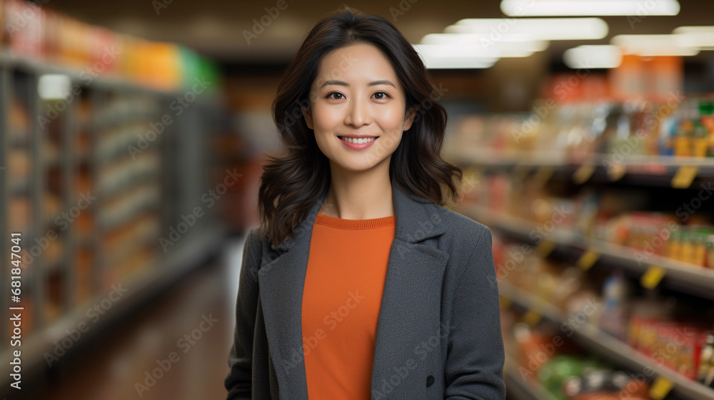 Oriental woman manager, brand representative, customer service at a supermarket