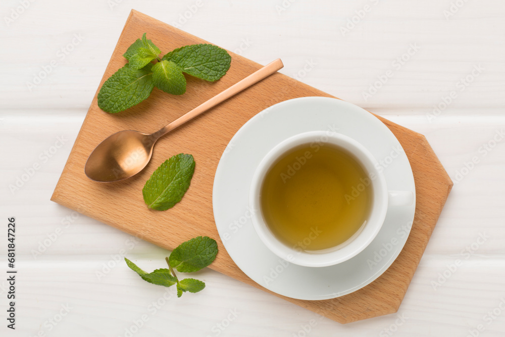 Fresh mint tea on wooden background,top view Fresh mint tea on wooden background,top view