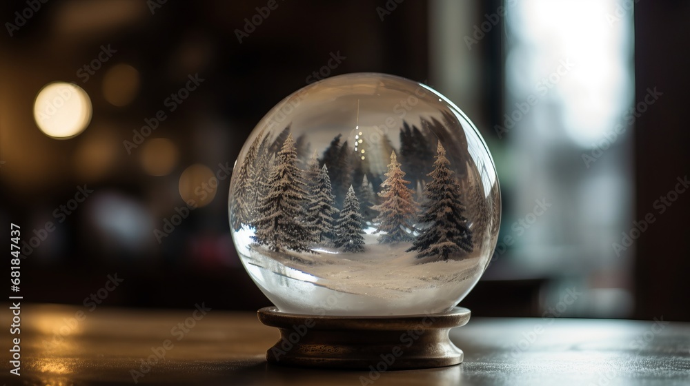 Christmas snow globe. Christmas glass ball with winter scene snow and trees inside. Gifts, Christmas toy. Festive greeting card. Surprise for New Year or Christmas. New Year concept. Decor concept. Christmas snow globe. Christmas glass ball with winter scene snow and trees inside. Gifts, Christmas toy. Festive greeting card. Surprise for New Year or Christmas. New Year concept. Decor concept.
