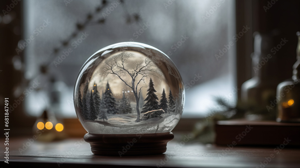 Christmas snow globe. Christmas glass ball with winter scene snow and trees inside. Gifts, Christmas toy. Festive greeting card. Surprise for New Year or Christmas. New Year concept. Decor concept. Christmas snow globe. Christmas glass ball with winter scene snow and trees inside. Gifts, Christmas toy. Festive greeting card. Surprise for New Year or Christmas. New Year concept. Decor concept.
