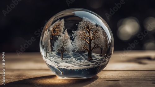 Christmas snow globe. Christmas glass ball with winter scene snow and trees inside. Gifts  Christmas toy. Festive greeting card. Surprise for New Year or Christmas. New Year concept. Decor concept.