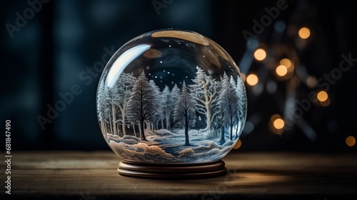 Christmas snow globe. Christmas glass ball with winter scene snow and trees inside. Gifts  Christmas toy. Festive greeting card. Surprise for New Year or Christmas. New Year concept. Decor concept.