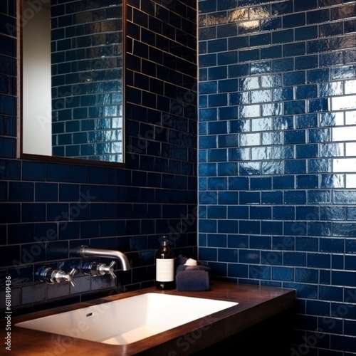 A glossy ceramic-tiled wall in a deep navy blue  reflecting ambient light