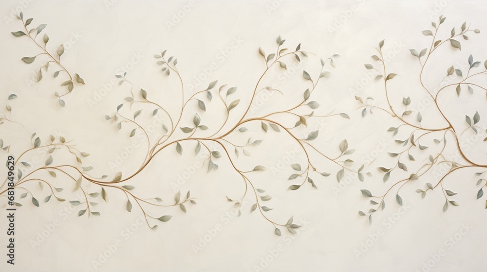 A light, airy cream wall with a delicate, hand-painted vine pattern