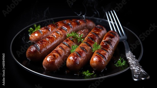 Hot grilled sausages on a black background, presented with a fork for a delicious and enticing visual.