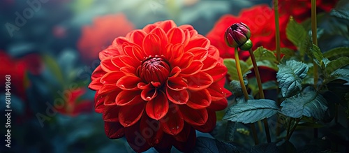 In the lush garden, amidst a vibrant array of flora, a bright and colorful red flower bloomed, its closeup revealing intricate floral details.