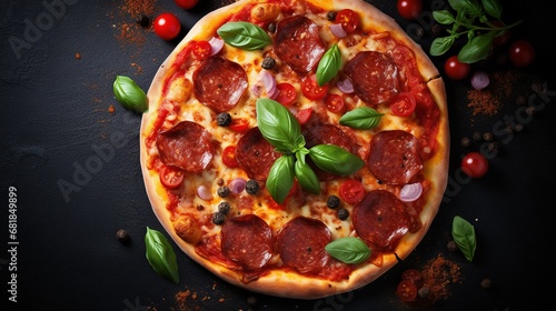 Top view of a mouthwatering pepperoni pizza surrounded by cooking ingredients like tomatoes and basil on a stylish black concrete background. A tempting display of hot and flavorful pepperoni pizza.